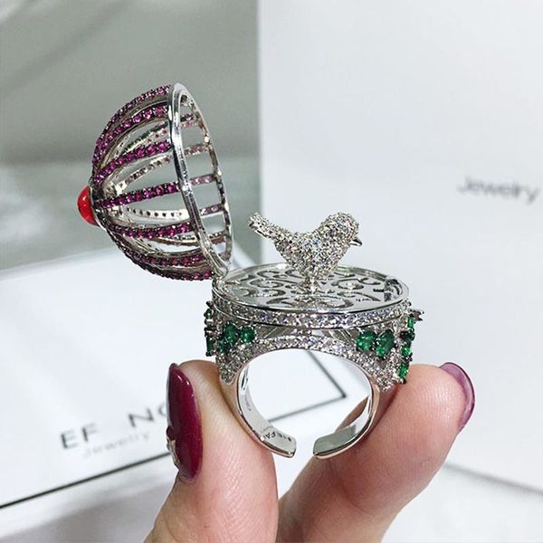 

dazz brand open ring creative fantasy bird cage round house ring full zircon color dubai women's men fun luxury accessories 2019, Golden;silver
