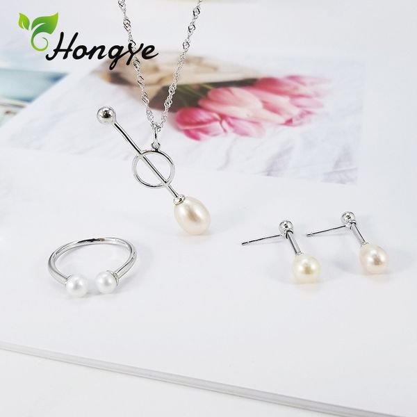 

hongye natural pearl set female personalized stud earrings fashion jewelry sterling silver necklaces adjustable ring kits, Black