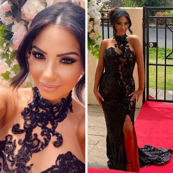 

2020 arabic aso ebi black mermaid evening dresses lace beaded prom dresses sparkly fashion formal party second reception gowns, Black;red
