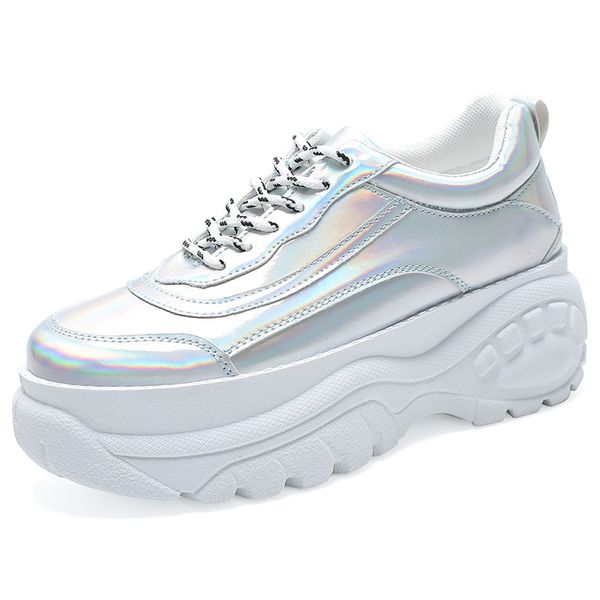 

2019 women's shoes spring new laser bright surface tire bottom casual white shoes women's sports women, Black