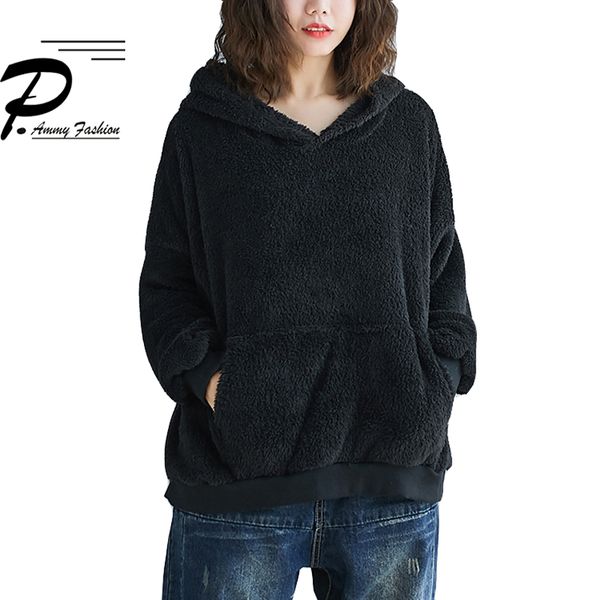 

plus size sweatshirts winter fashion hooded faux fur hoodies 2019 women long sleeve casual female hairy pullover, Black