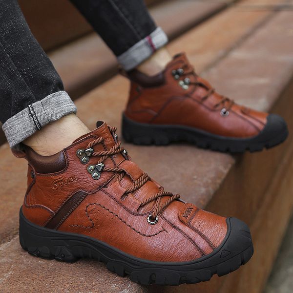 

men genuine leather boots ankle boots spring autumn and winter man shoes ankle boot men's snow shoes sneakers, Black