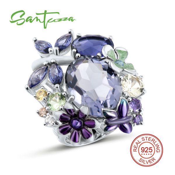 

santuzza silver ring for women pure 925 sterling silver brilliant massive amazing purple ring fashion jewelry handmade enamel, Golden;silver