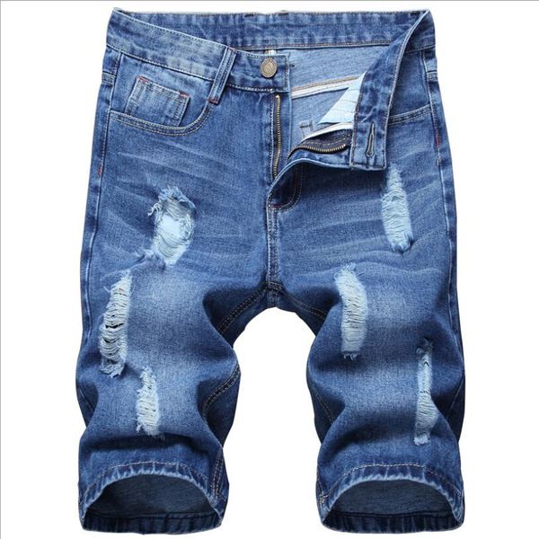 

men summer holes denim shorts blue short jeans men straight casual jean shorts new male solid blue denim size 36