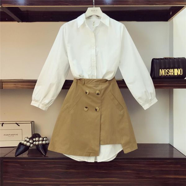 

2019 spring women's long white shirt dress two-piece sets new simple white blouse dress + open fork khaki skirt girl sets