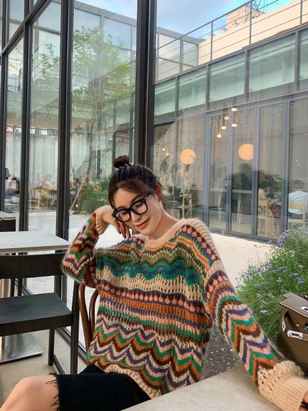 

2020 fairy knitwear women hollow autumn/winter loose lazy wind pullover mohair sweater, White;black