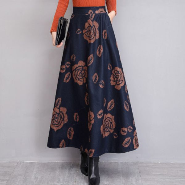 

high waist wool skirts plaid maxi saia women fall winter pocket elastic waist office lady long skirt gray red warm skirts ff693, Black