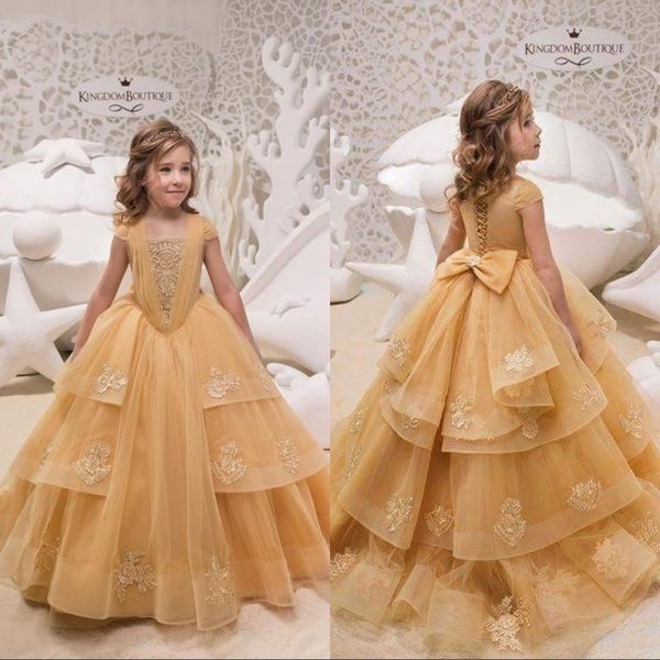 

Flower Girls Dresses Short Sleeves Champagne Lace Appliques Girl Pageant Dresses Toddlers Teens Kids Birthday Party Communion Dress