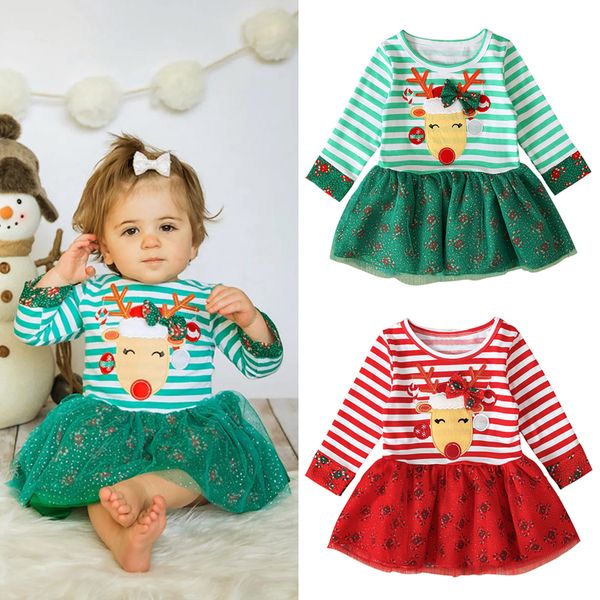 

rorychen 2019 toddler kid baby girls long sleeve cartoon deer striped dress christmas clothes dropshipping baby clothes, Red;yellow