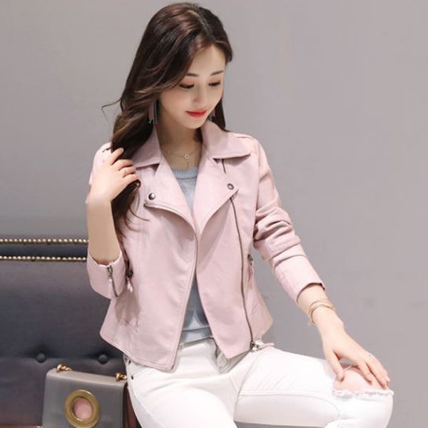 

leather clothing women short garb korean version of the slim pink pu coat motorcycle leather jacket large size ladies coat, Black