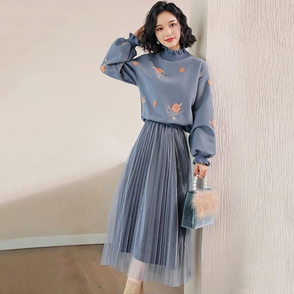 

women 2020 autumn winter embroidery turtleneck lantern sleeve knitted sweater +mesh pleated midi skirt two pieces sets t310, White
