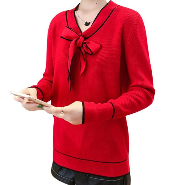 

loose all-match v-neck long-sleeved women's knit pullover fashion sweet bow decoration solid color sweater, White;black