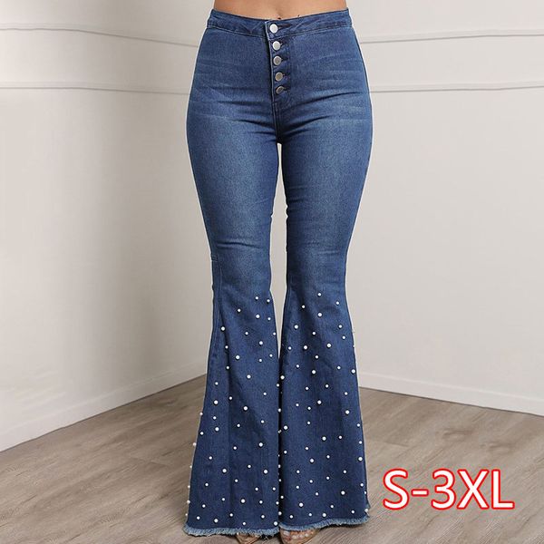 

women big flare jeans pearl beading wide leg pants denim office lady casual high waist long trousers elegant stretchy pant, Blue