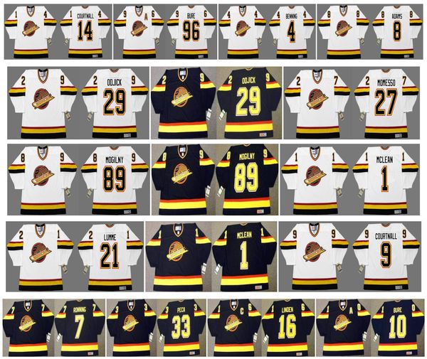 

vintage vancouver canucks jersey 29 gino odjick 27 sergio momesso 89 alexander mogiln 1 kirk mclean 21 jyrki lumme 9 courtnall retro hockey, Black;red
