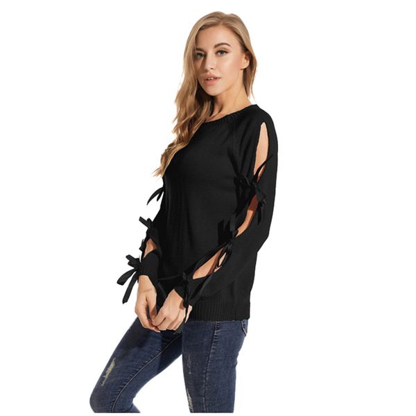 

jaycosin ladies autumn and winter casual solid color round neck pullover sweater sleeves open straps sweater new listing 2019, White;black