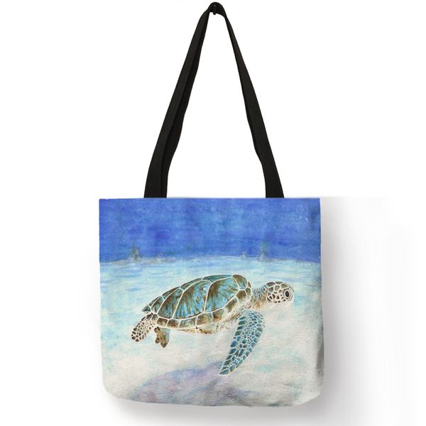 Women Fashion Handbags seahorse turtle Print Linen Tote shoulder Bag School bag