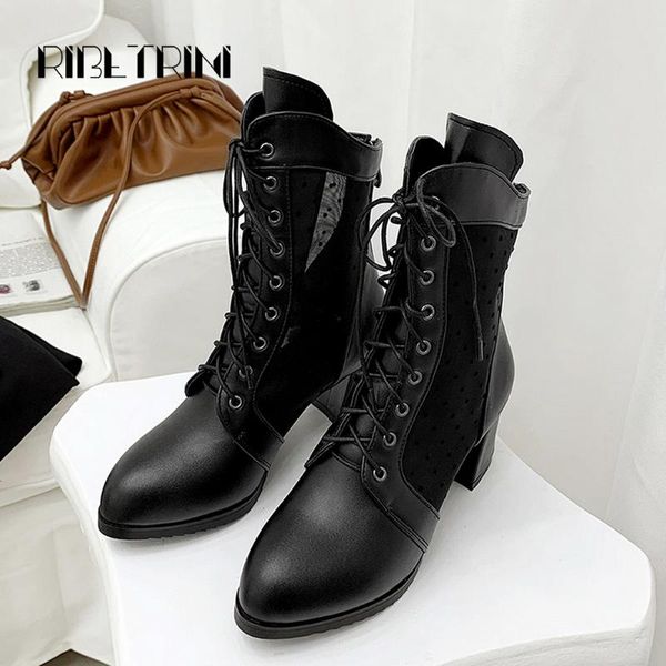 

ribetrini big size 32-43 new female chunky heels shoes woman fashion lace up summer ankle boots women 2020 party boots, Black