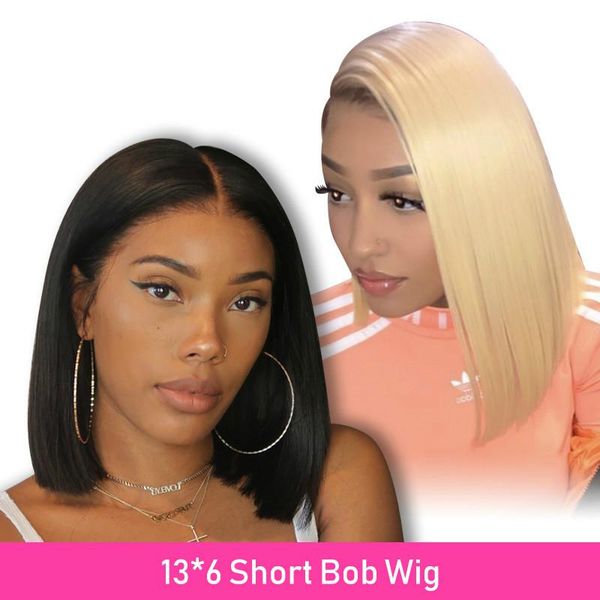 

13*6 peruvian straight glueless lace front wig 613 blonde short bob wig 1b 613 ombre color human hair wigs pre plucked baby hair, Black