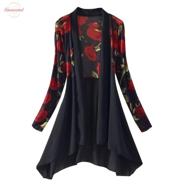 

floral stars print womens chiffon blouse long sleeve open stitch cardigan irregular applique hem women shirt summer sunscreen, White