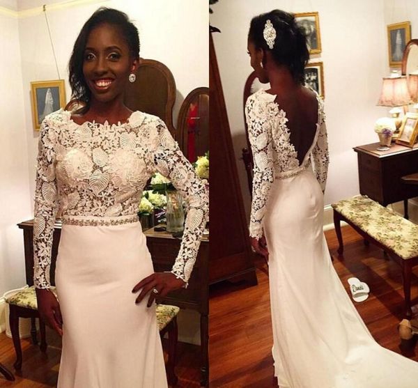 

2023 white lace long sleeves mermaid backless wedding dresses african style beaded belt column long vestios de novia bridal gowns 996