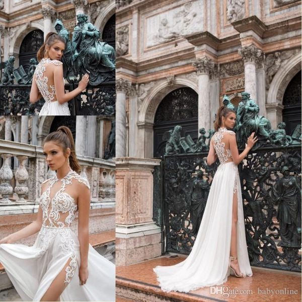 

illusion summer lace wedding dresses bohemian chiffon high neck sheer see-through applique high split beach bridal gowns robe de mariÃ©e, White