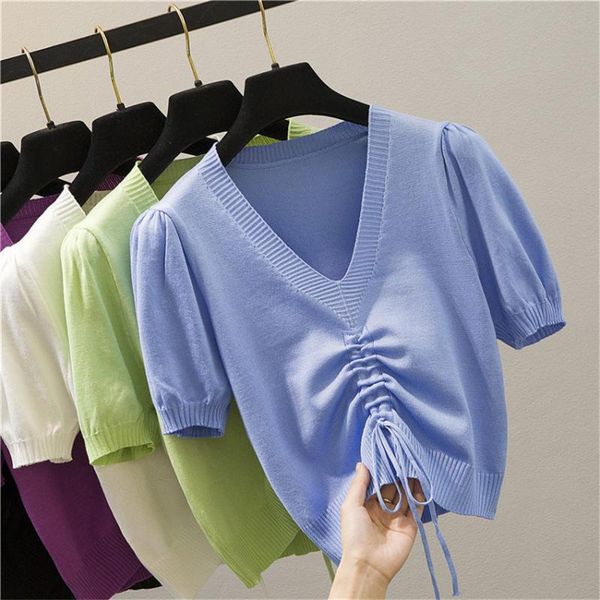 

women's t-shirt 2021 summer knitted crop women puff sleeve v-neck sold t shirt korean drawstring knit tee femme knitwear, White