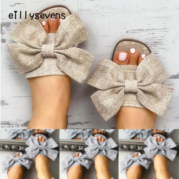 

slipper women flat plain bow slip-on slippers leisure beach slippers shoes comfortable flax indoor shoes#, Black