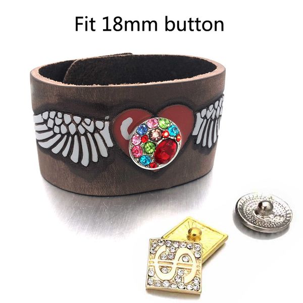 

new punk rock interchangeable 003 real original genuine leather retro wing 18mm snap button bracelet charm jewelry for women men, Golden;silver