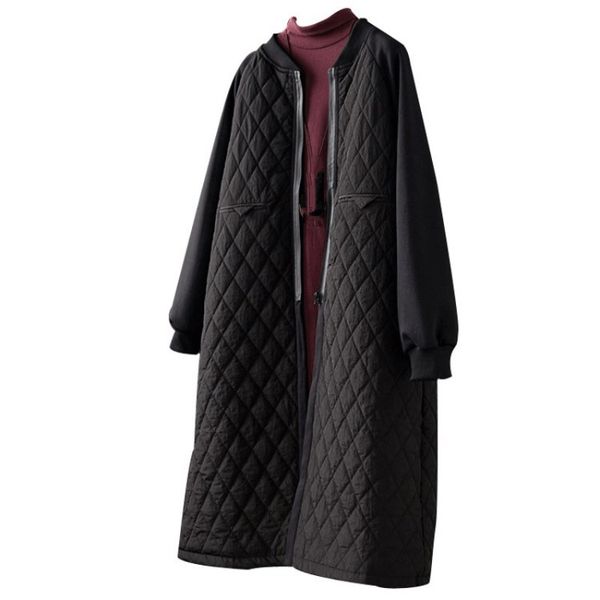 

autumn winter women o-neck baseball uniform quilted coat loose black medium long cotton-padded jacket, Tan;black
