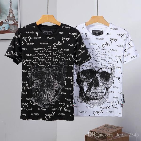 

2019 новая футболка с воротником из чистого хлопка, череп с нашивкой из хрусталя. черно-белое и дихроматическое # 0588, White;black