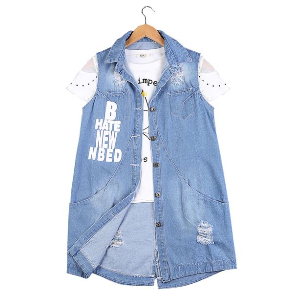 

rlyaeiz весна лето середина длинный denim женский жилет 2019 моды письмо печатных hole рукавов джинсы жакеты жилеты 8xl 9xl, Black;white