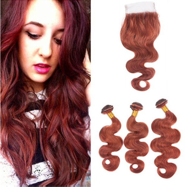 2019 33 Dark Auburn Body Wave Human Hair 3bundles With Closure Copper Red Peruvian Hair With Closure Reddish Brown Lace Closure 4x4 With Weaves From