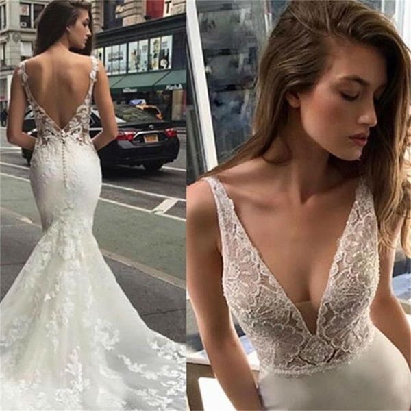

2019 glamorous mermaid wedding dresses deep v neck lace appliqued sweep train backless boho bridal gowns plus size vestido de novia, White