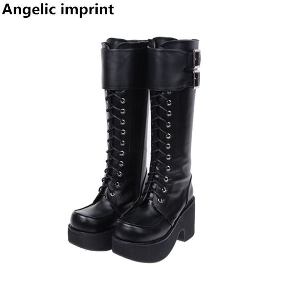 

angelic imprint mori girl women punk motorcycle boots lady lolita boots woman super high wedges heels pumps platform shoes 33-47, Black