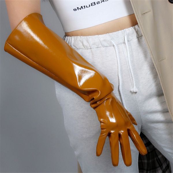 

patent leather long gloves 50cm puff sleeve emulation leather imitation leather bright brown caramel cream camel female wpu132, Blue;gray