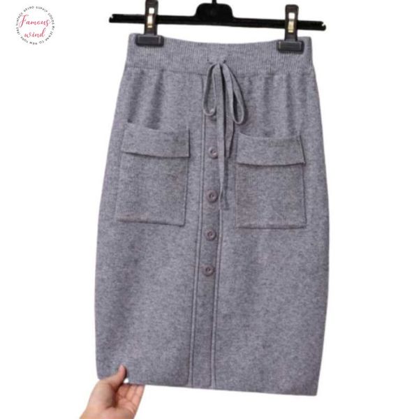 

women autumn elegant knit sweet vintage skirt high waist a line wild autumn solid color bag hip mini skirt, Black