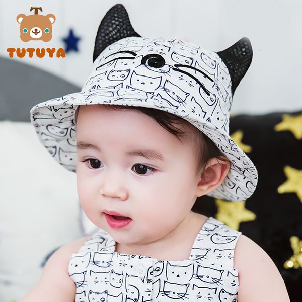 

brand children summer panama hollow caps baby girls fisherman hat kids boys the cat ears hat fashion baby cartoon cat sun, Yellow