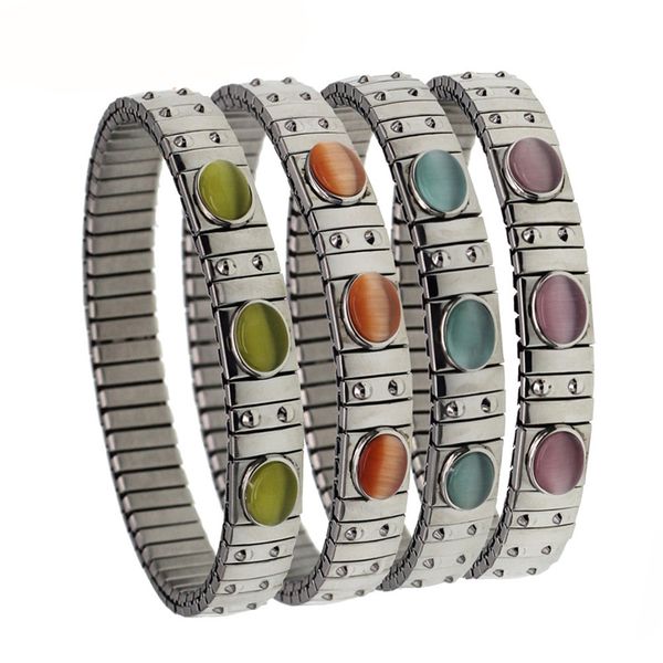 

fyour 2019 women's jewelry 9mm width stainless steel opals silver 17.4cm elastic bracelet for friend wife gift my08, Golden;silver