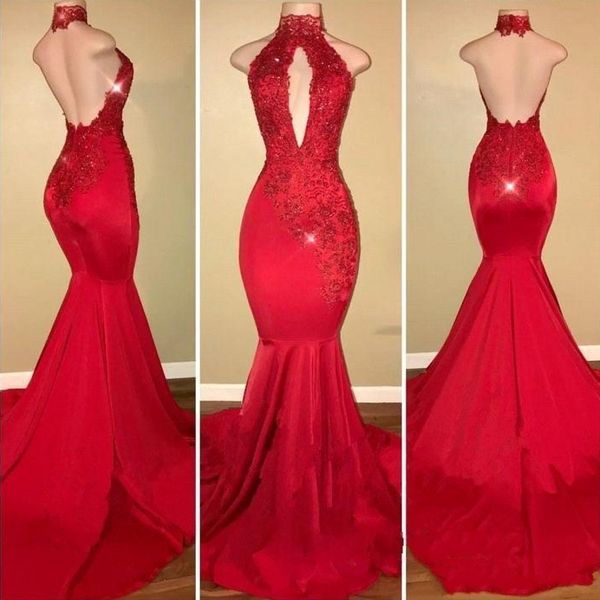 Lange rote Meerjungfrau-Abschlussballkleider mit tiefem V-Ausschnitt, Spitze, Spitze, Neckholder, rückenfrei, formelle Abendkleider nach Maß