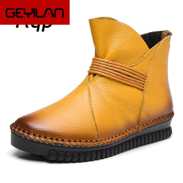 

ylqp 2019 women ankle boots lace up vintage genuine leather shoes female plus size platform flat winter boot warm woman footwear, Black