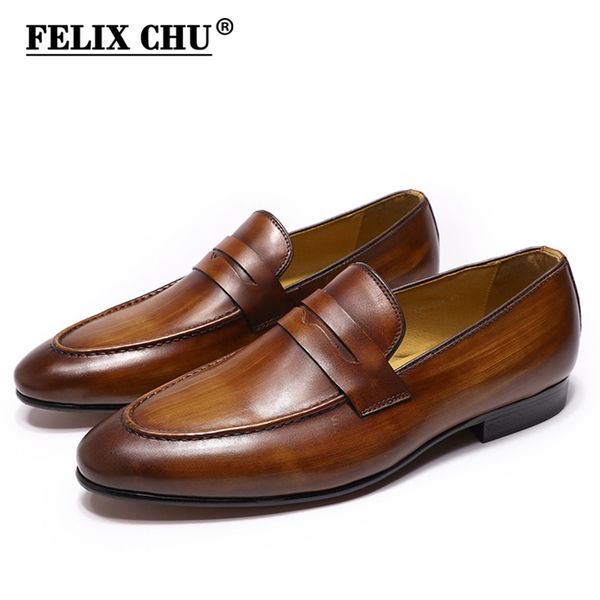 

felix chu men penny loafers leather shoes genuine leather elegant wedding party casual mens dress shoes brown hand-painted flats y200420, Black