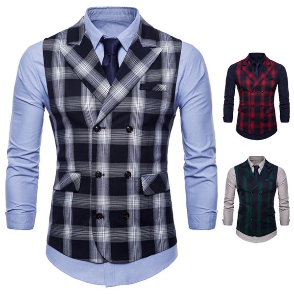 

men's vests folobe 2021 men vest red plaid double breasted v-neck collar casual style slim fit wedding party wear gilet, Black;white