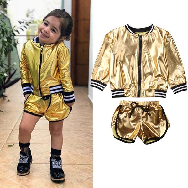 

fashion toddler girls clothes set golden long sleeve zipper jacket + shorts sports pants 2pcs gold tracksuit sets age 1-6y, White