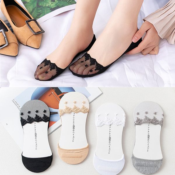 

8 pairs/lot women summer sock slippers short solid color nylon lace summer thin women no show mesh socks invisable socks, Black;white