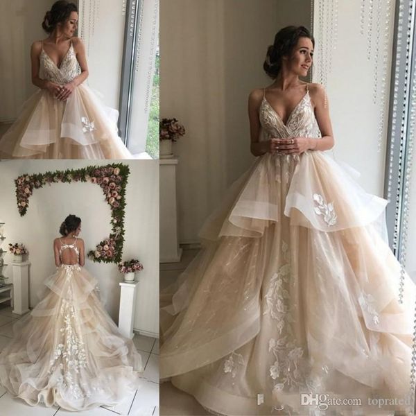 

2019 new champagne floral a-line wedding dresses v-neck backless ruffles puffy skirt lace applique bridal gowns pretty vestido de noiva, White