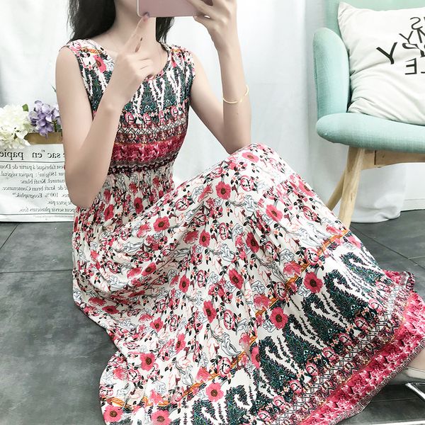 

lady size slim waist print dress round neck sleeveless dress woman, Black;gray