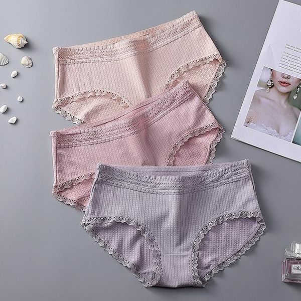 

new cotton underwear women's antibacterial crotch mid-waist japanese thin section breathable belly girl briefs close-fitting five color, Black;pink