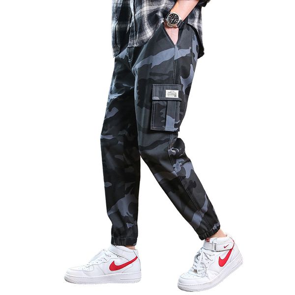 

men's pants chrleisure fashion youth camouflage men loose-fit korean-style cargo elastic waist, Black