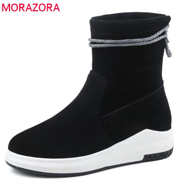

morazora 2020 ankle boots for women flock autumn winter boots round toe lace up comfortable flat shoes ladies, Black