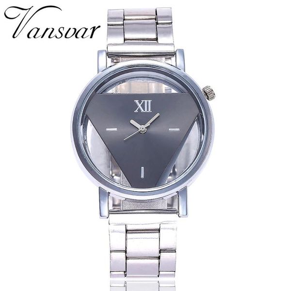 

women watch clock gift triangle steel strap hollow quartz wristwatch creative ladies watch #w, Slivery;brown